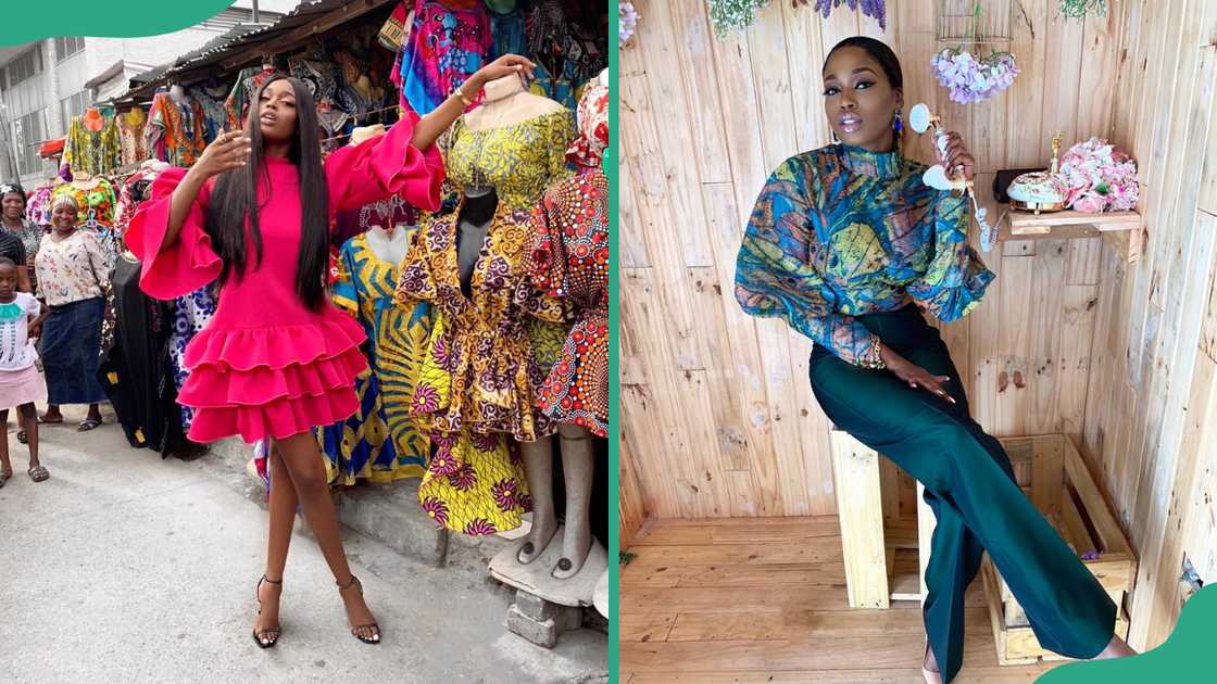 Sabrina from BBNaija poses for a photo next to a display of African dresses (L). The reality TV personality poses while holding a telephone handle (R) Sabrina from BBNaija poses for a photo next to a display of African dresses (L). The reality TV personality poses while holding a telephone handle (R)