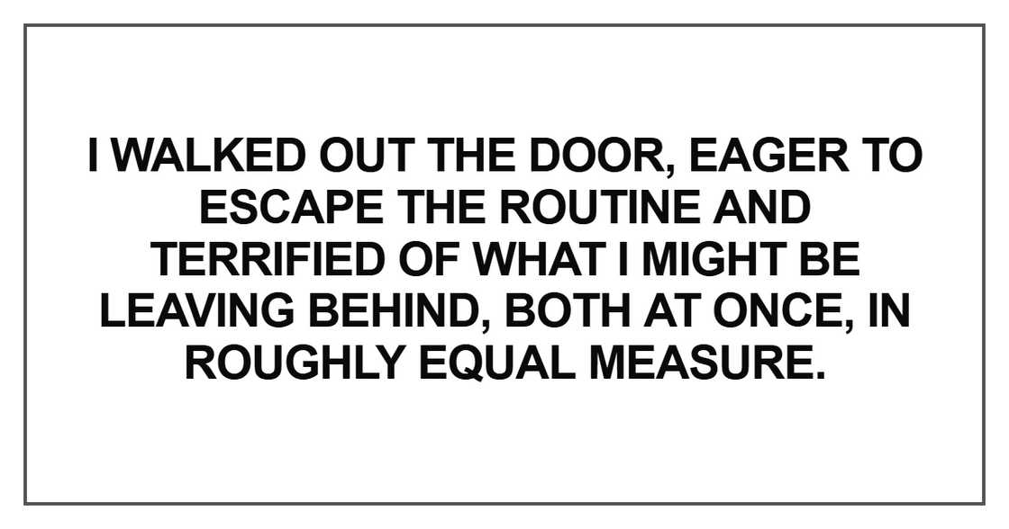 I walked out the door, eager to escape the routine I walked out the door, eager to escape the routine