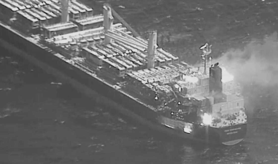 This image obtained from the US Central Command (CENTCOM) on March 6, 2024, shows the Barbados-flagged, Liberian-owned bulk carrier M/V True Confidence after it was hit by an anti-ship ballistic missile launched by Iran-backed Huthi rebels This image obtained from the US Central Command (CENTCOM) on March 6, 2024, shows the Barbados-flagged, Liberian-owned bulk carrier M/V True Confidence after it was hit by an anti-ship ballistic missile launched by Iran-backed Huthi rebels