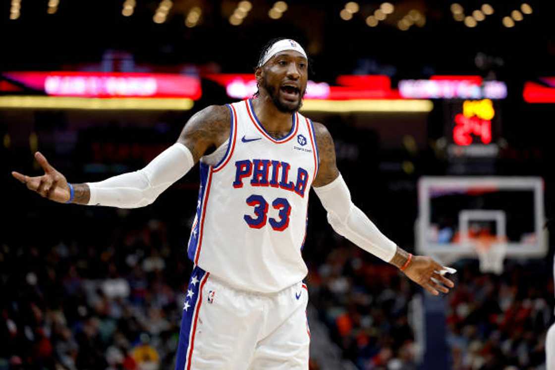 Robert Covington of the Philadelphia 76ers reacts to a call during the quarter of an NBA game at Smoothie King Center. Robert Covington of the Philadelphia 76ers reacts to a call during the quarter of an NBA game at Smoothie King Center.