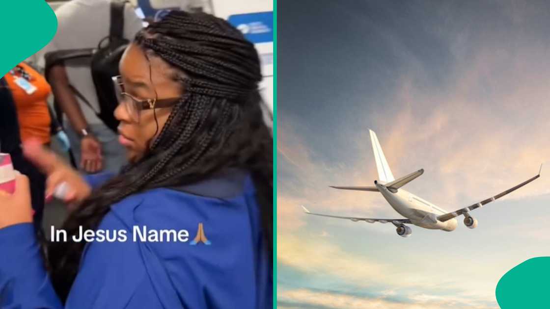 Lady anoints airplane before boarding.