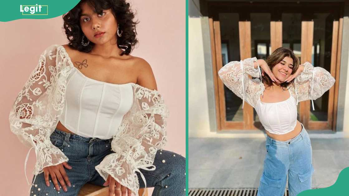 Ladies displaying white embroidered corset organza tops