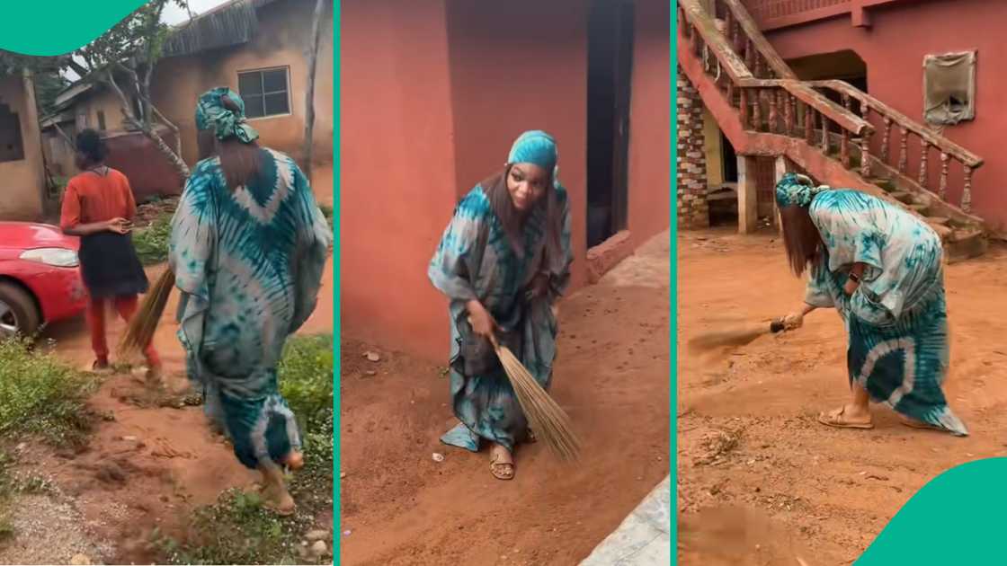 Bride sweeps in-laws' compounds to fulfil tradition. Bride sweeps in-laws' compounds to fulfil tradition.