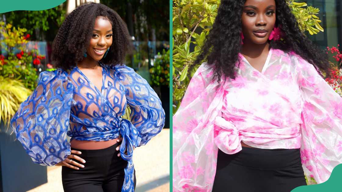 Two women showcasing different organza wrap tops