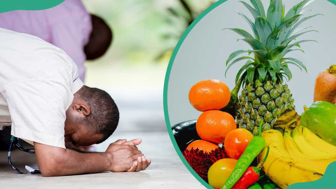 People praying and an assortment fruits and vegetables on a table People praying and an assortment fruits and vegetables on a table