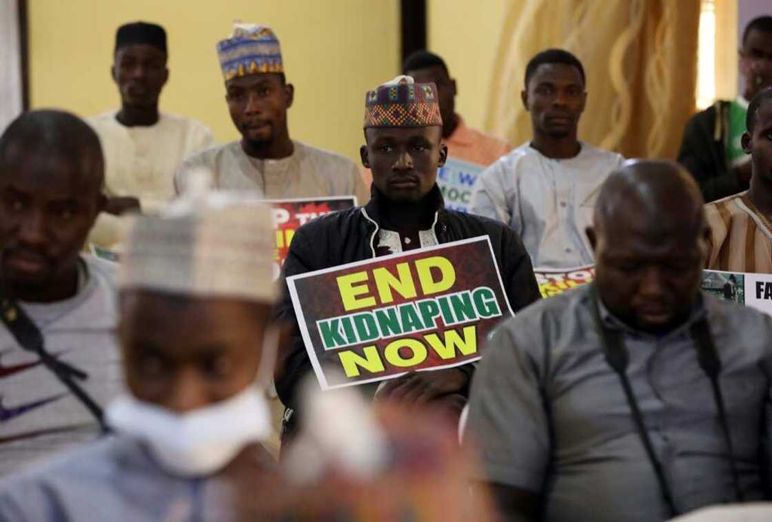 People at rally demanding the return of hundreds of kidnapped schoolboys in the northwestern state of Katsina in December 2020