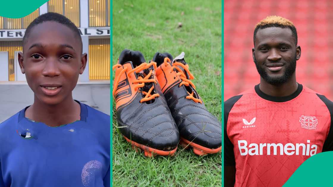 Victor Boniface gives Nigerian boy football boots. Victor Boniface gives Nigerian boy football boots.