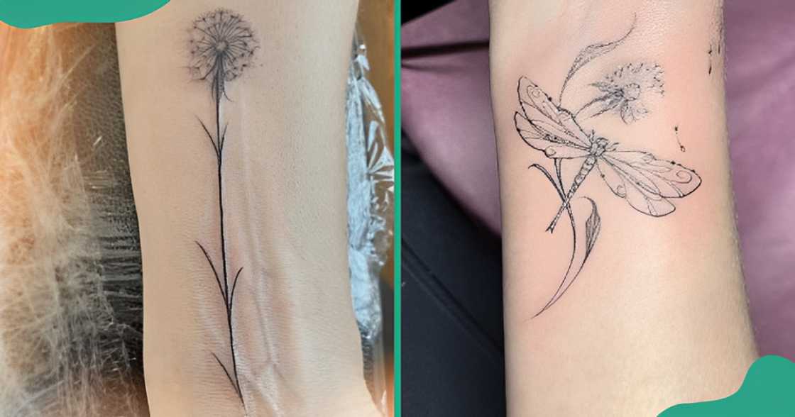 Simple fine-line dandelion tattoo (L). Fine-line tattoos with additional elements such as a dragonfly (R).