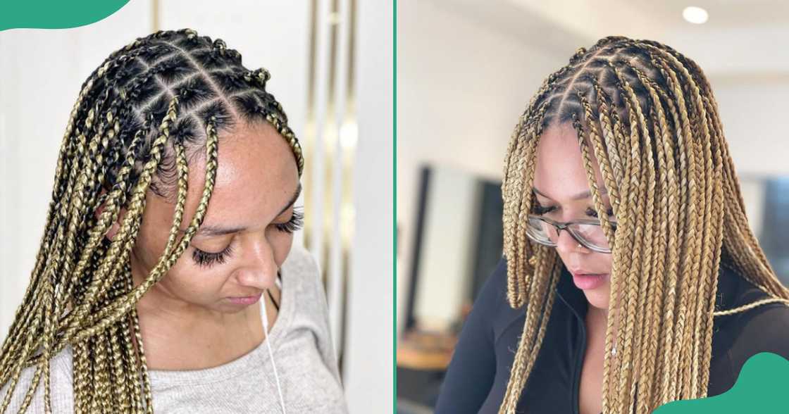 Two women displaying the knotless braids hairstyle. Two women displaying the knotless braids hairstyle.