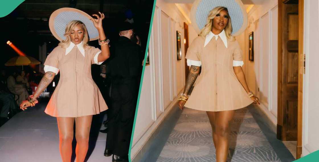 Tiwa Savage's brown dress at London Fashion Week