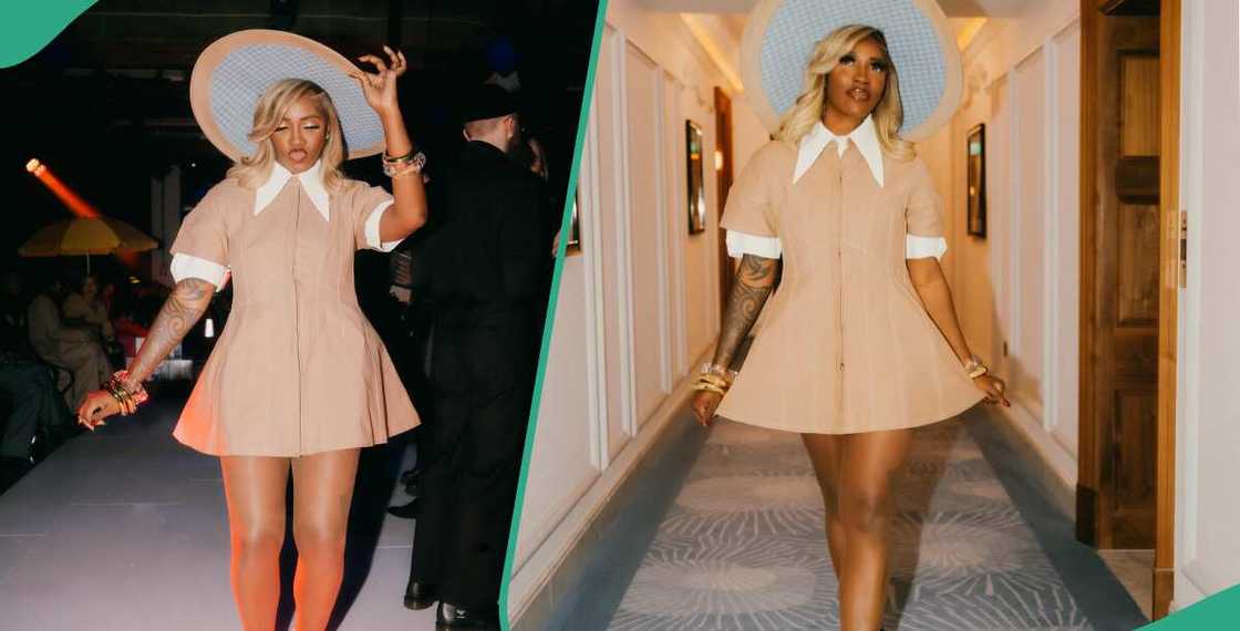 Tiwa Savage's brown dress at London Fashion Week Tiwa Savage's brown dress at London Fashion Week