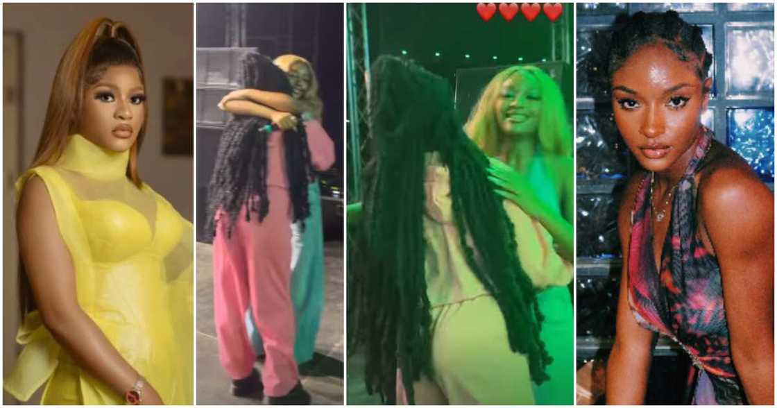 BBNaija's Phyna and Ayra Starr hug on stage in Port Harcourt. BBNaija's Phyna and Ayra Starr hug on stage in Port Harcourt.
