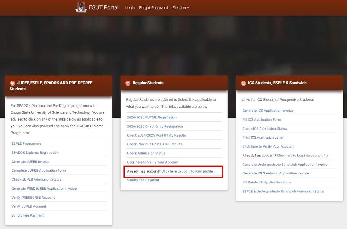 A screenshot of ESUT's registration website A screenshot of ESUT's registration website