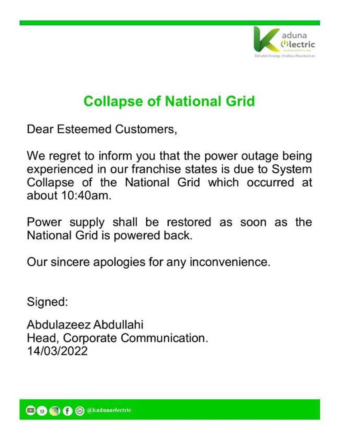 Wutar lantarki ta dauke a Najeriya gaba daya, kamfanonin lantarki sun bayyana Wutar lantarki ta dauke a Najeriya gaba daya, kamfanonin lantarki sun bayyana