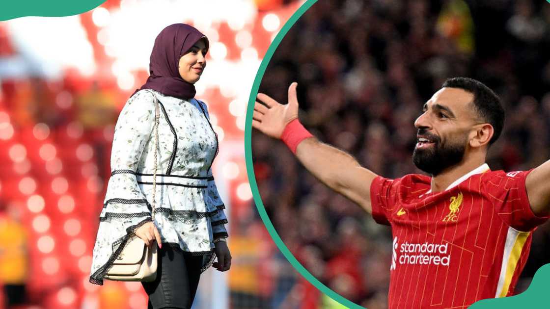 Liverpool's Mohamed Salah's wife Magi at Anfield, Liverpool (L). Mohamed Salah of Liverpool during the UEFA Champions League 2024/25 League Phase MD2 match between Liverpool FC and Bologna FC 1909 at Anfield in Liverpool, England (R)