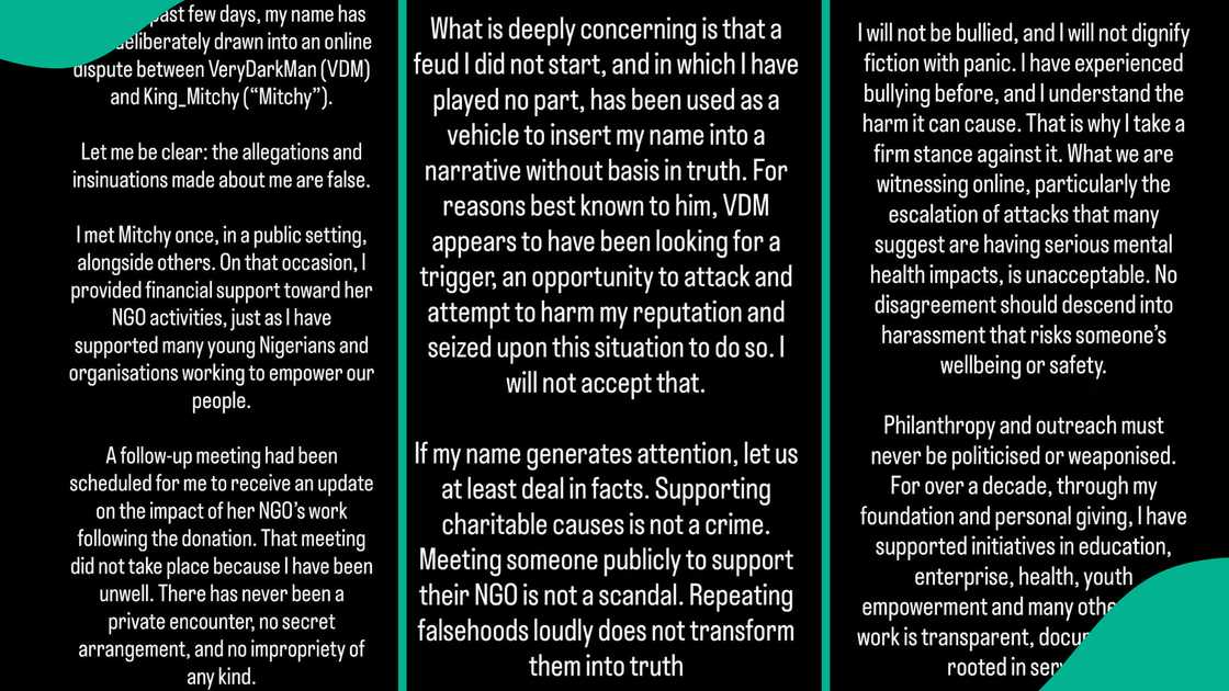 Seyi Tinubu breaks silence over VeryDarkMan allegations, says claims are false, met King Mitchy once publicly and supported her NGO work.