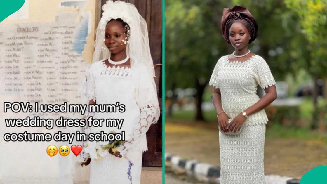 Lady wears simplified version of her mother's wedding dress for her school costume day Lady wears simplified version of her mother's wedding dress for her school costume day