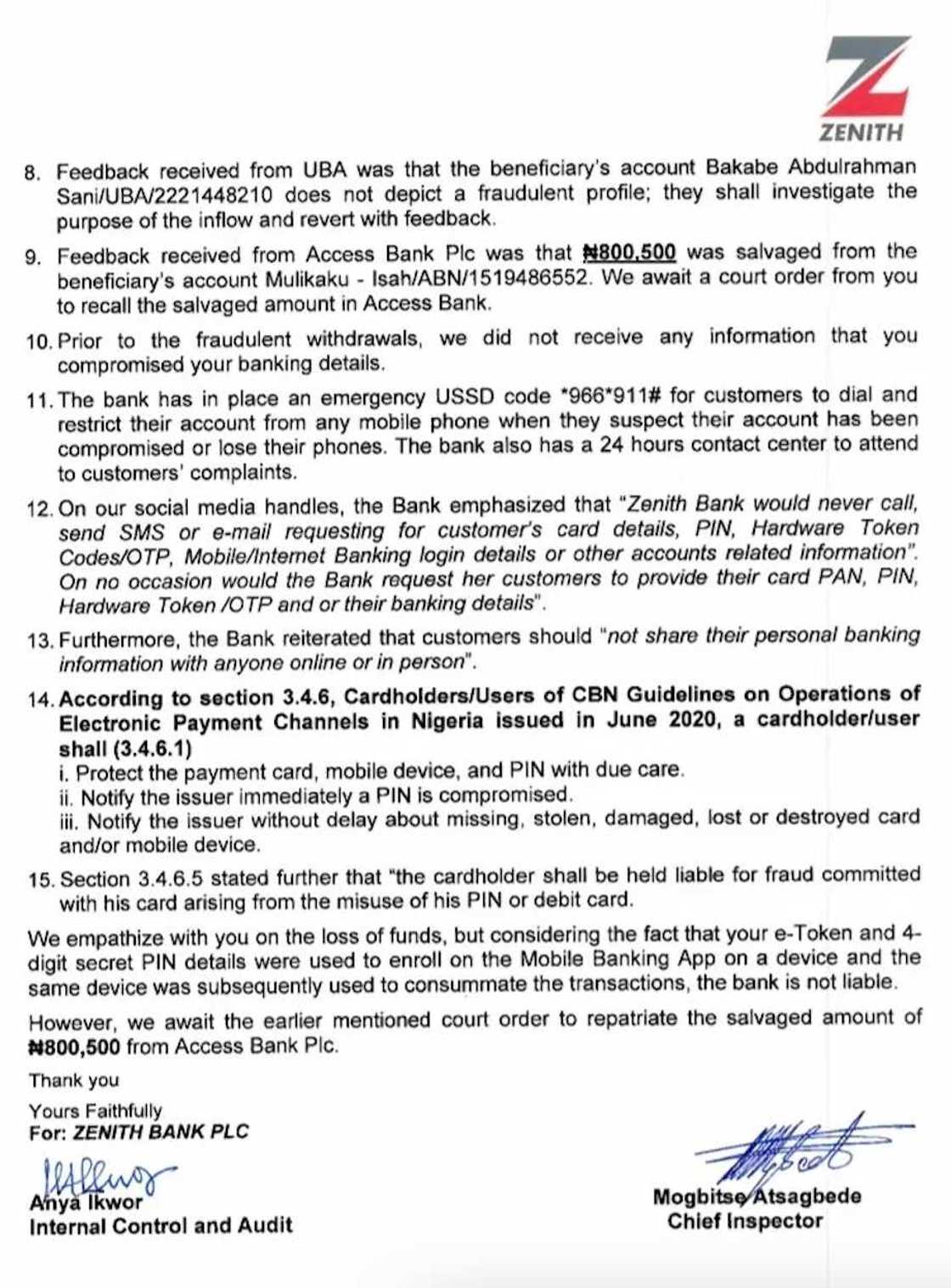 Zenith bank letter Zenith bank letter