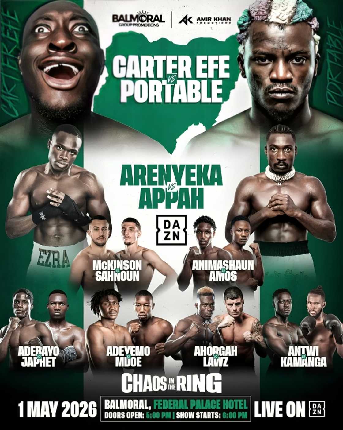 Controversial singer Portable clashes with content creator Carter Efe in celebrity boxing bout headlining African boxing showcase in Lagos
