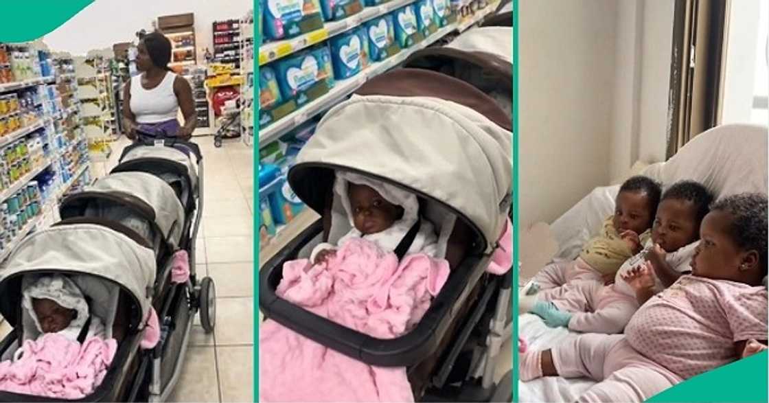 Woman enters supermarket with her triplet babies Woman enters supermarket with her triplet babies