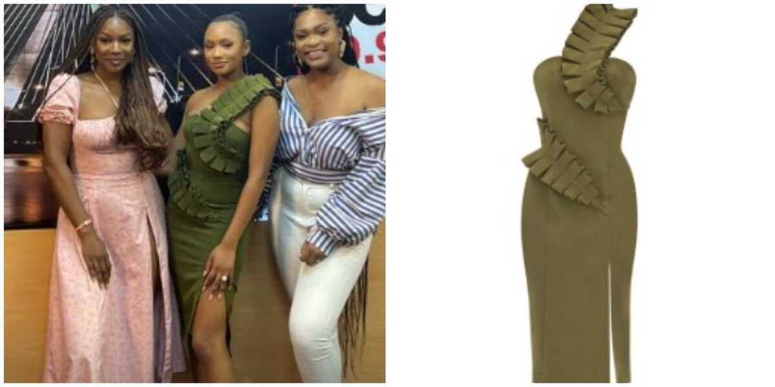 Temi Otedola with two ladies, and a photo of the dress. Temi Otedola with two ladies, and a photo of the dress.