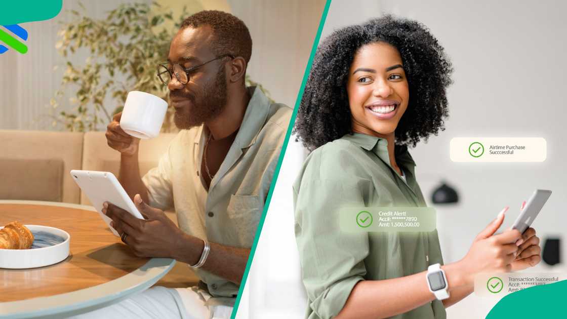 A man drinking tea while holding a tablet. An advert of a woman carrying out transaction through her phone.