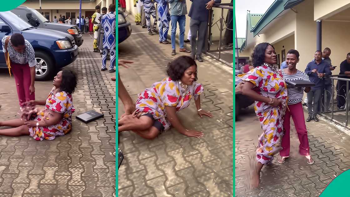A woman who waited 18 years after graduation rolls on floor after getting Civil Service job.