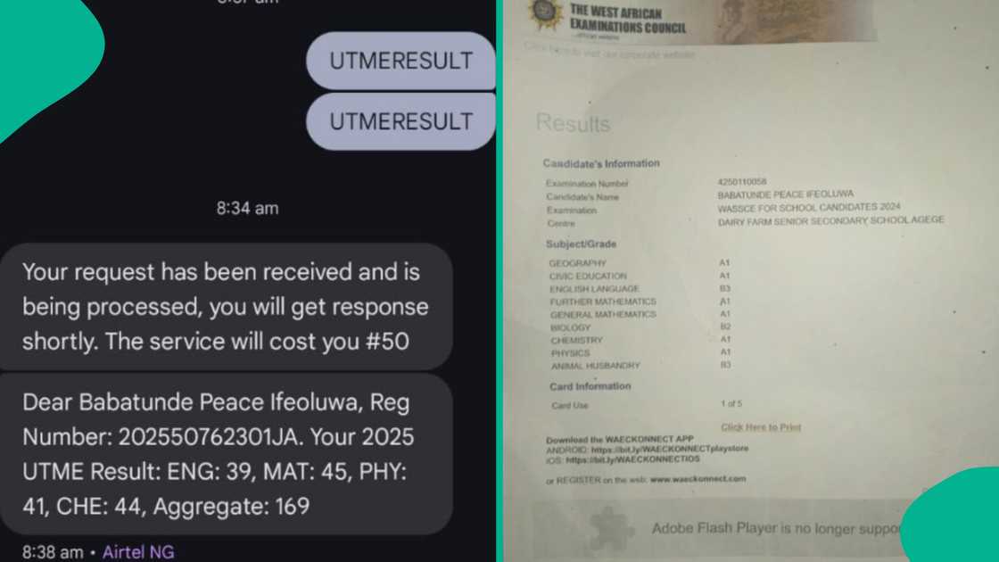 Lady shares her brother's WAEC result. Lady shares her brother's WAEC result.
