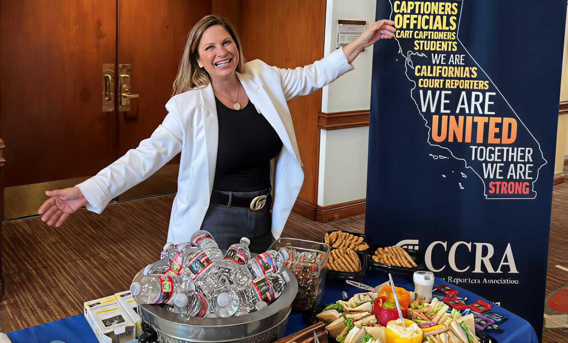 Debra Bollman gestures in front of a table of food. Debra Bollman gestures in front of a table of food.