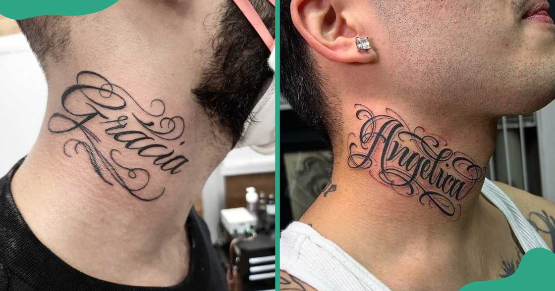 Script tattoos in cursive styles on two men's throats Script tattoos in cursive styles on two men's throats