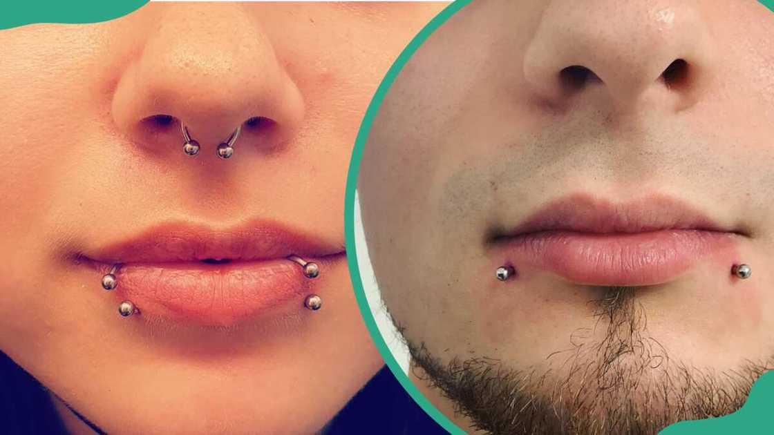 A woman and man with a snake bite piercing on their lower lips