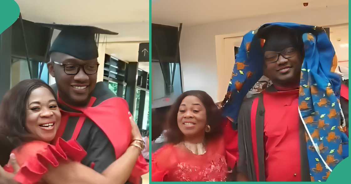 Woman attends her son's graduation abroad. Woman attends her son's graduation abroad.