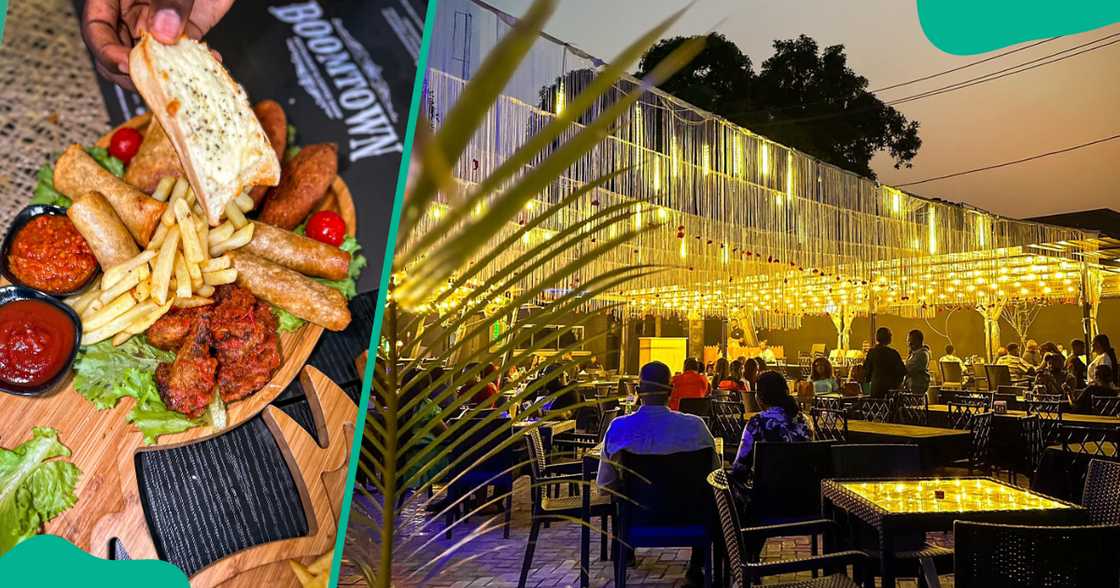 A platter of small chops. The brightly lit string lights at the restaurant's outdoor seating area with patrons. A platter of small chops. The brightly lit string lights at the restaurant's outdoor seating area with patrons.