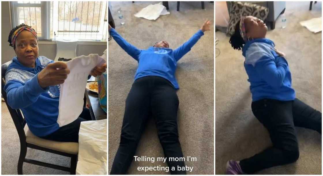 Nigerian mum rolls on the floor after hearing her daughter is expecting a baby. Nigerian mum rolls on the floor after hearing her daughter is expecting a baby.