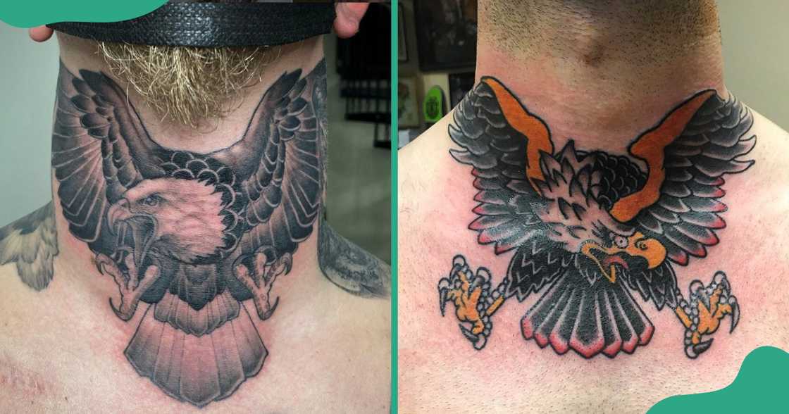 Throat tattoo with falcons and eagles Throat tattoo with falcons and eagles