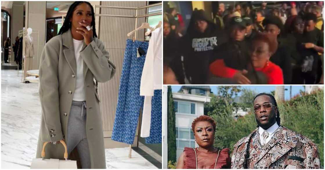 Tiwa Savage goes on her knees as she greets Burna Boy's mom Tiwa Savage goes on her knees as she greets Burna Boy's mom