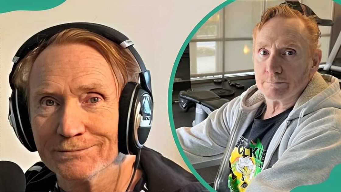 Danny Bonaduce wearing headphones at the radio station (L) and working out in a gym (R)