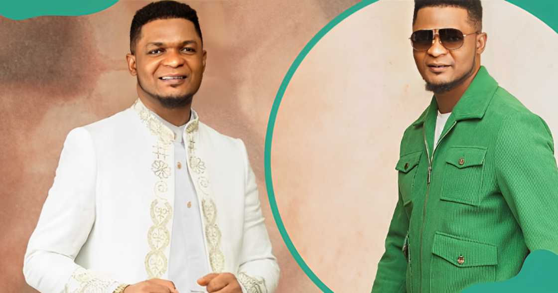 Joe Praize poses in white and green outfits against brown backgrounds. Joe Praize poses in white and green outfits against brown backgrounds.