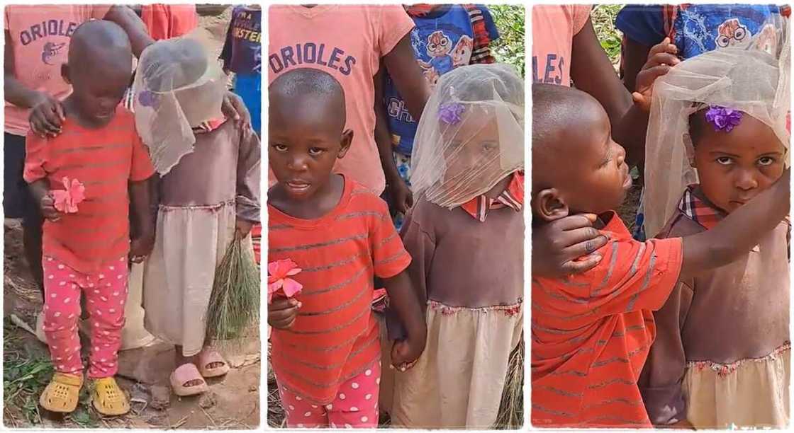 Photos of a boy and a girl getting married the childhood way.