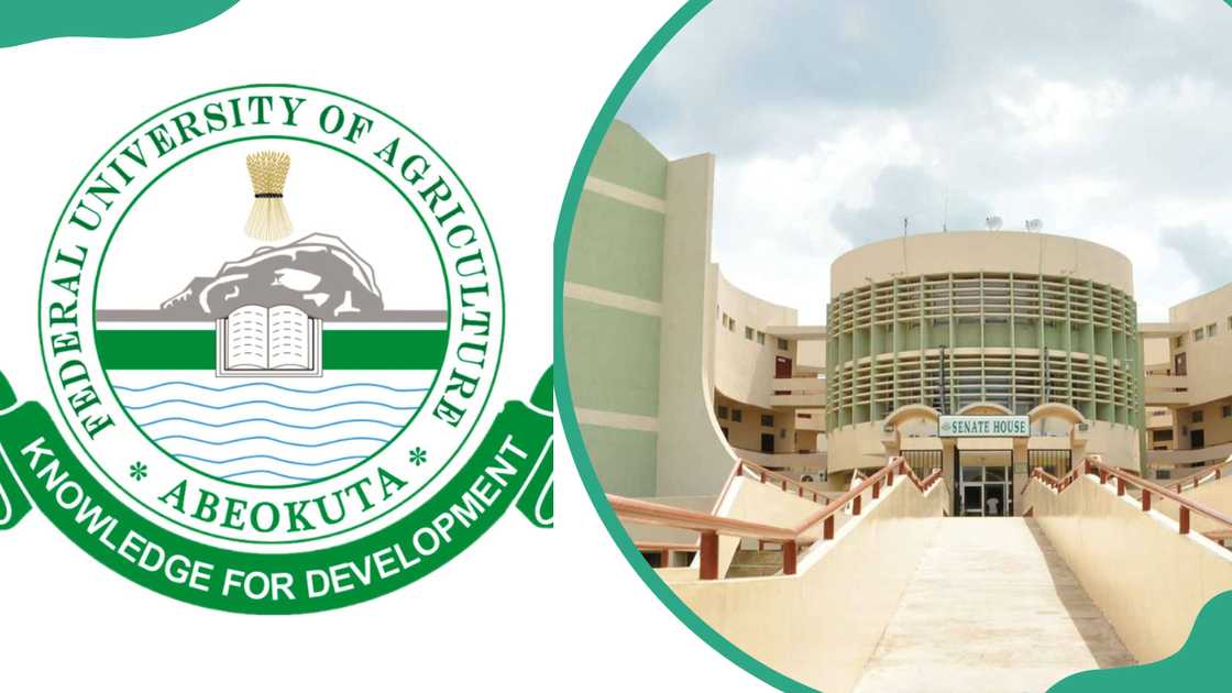 The FUNAAB logo and the Senate House inside the main campus