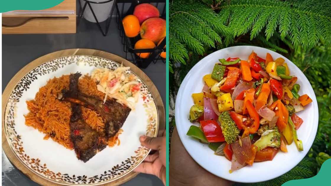 A plate of Jollof rice (L) and a plate of Sautéed vegetables (R) A plate of Jollof rice (L) and a plate of Sautéed vegetables (R)