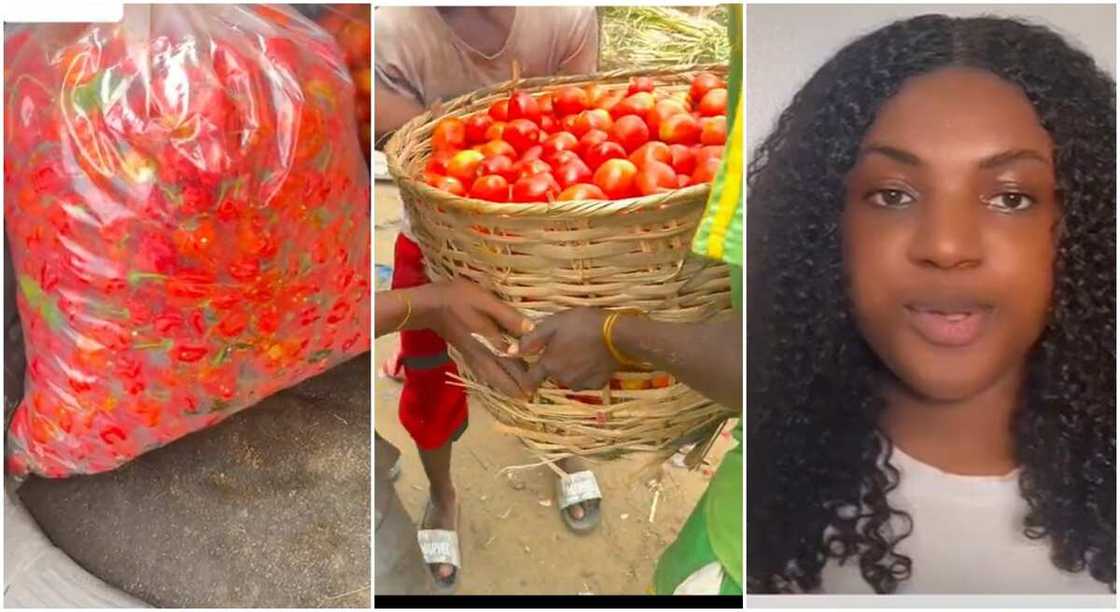 Photos of a lady who went to buy tomatoes and pepper.