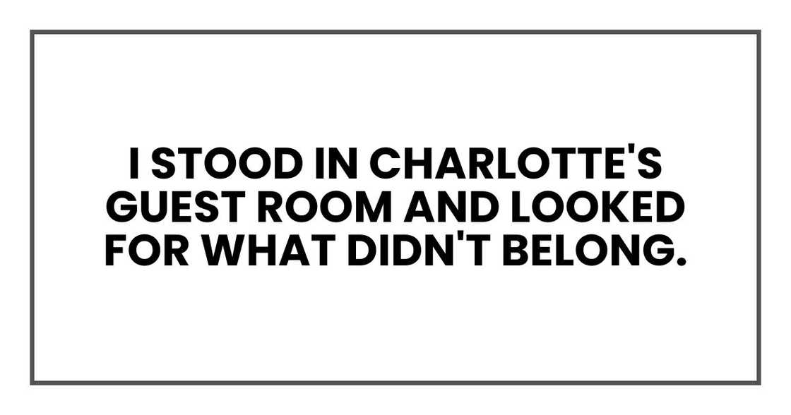 I stood in Charlotte's guest room and looked for what didn't belong. I stood in Charlotte's guest room and looked for what didn't belong.