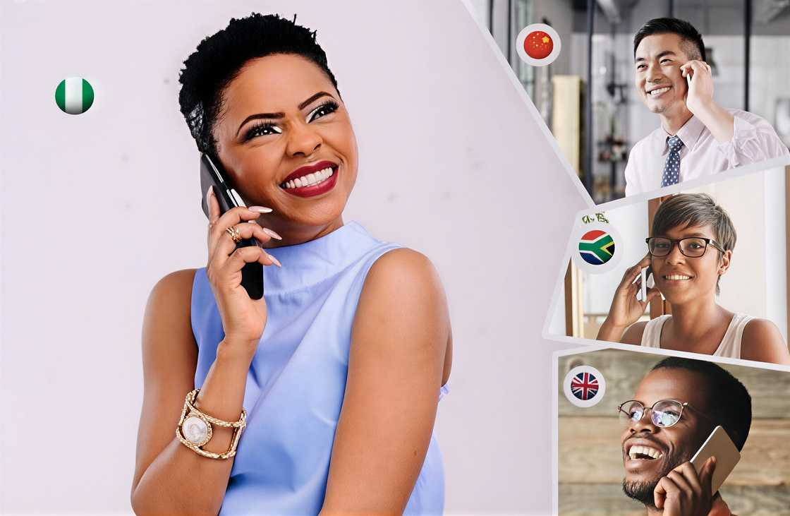 People from different countries making calls People from different countries making calls