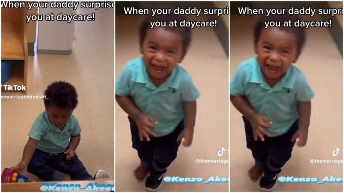 Son overjoyed as his father visits him at daycare. Son overjoyed as his father visits him at daycare.