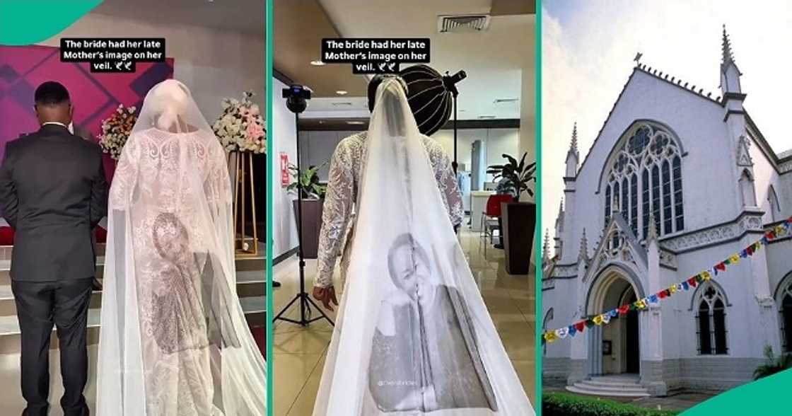 Bride walks down aisle with her late mother's photo engraved on her wedding veil. Bride walks down aisle with her late mother's photo engraved on her wedding veil.