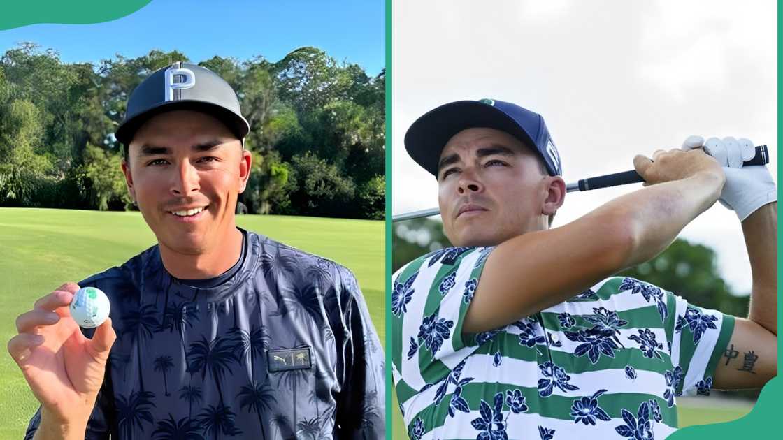 Rickie Fowler posing with a golf ball (L) and swinging a golf stick (R)