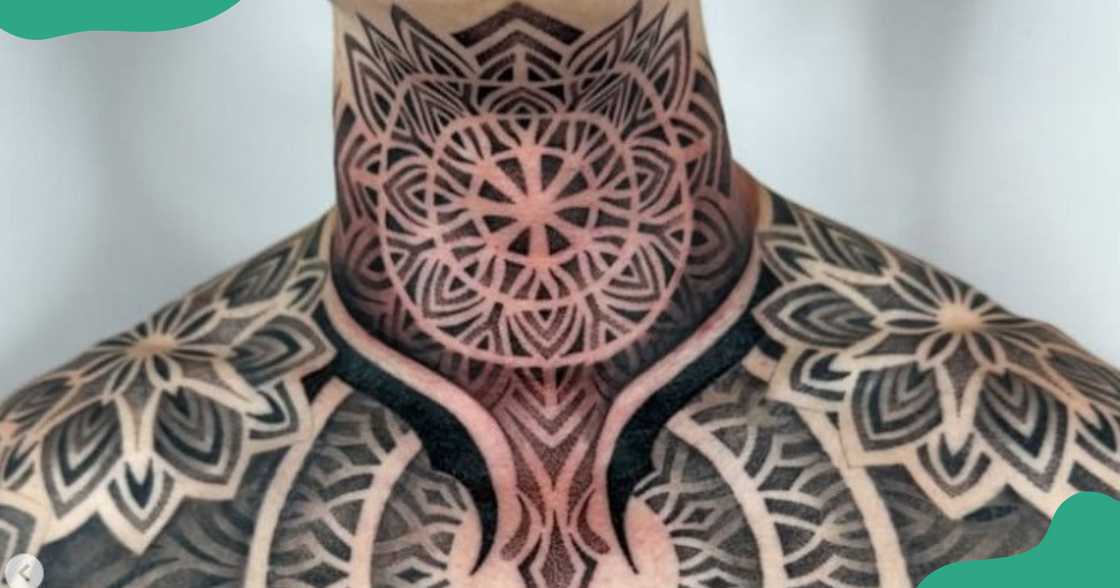 Throat tattoo with circles and other shapes.