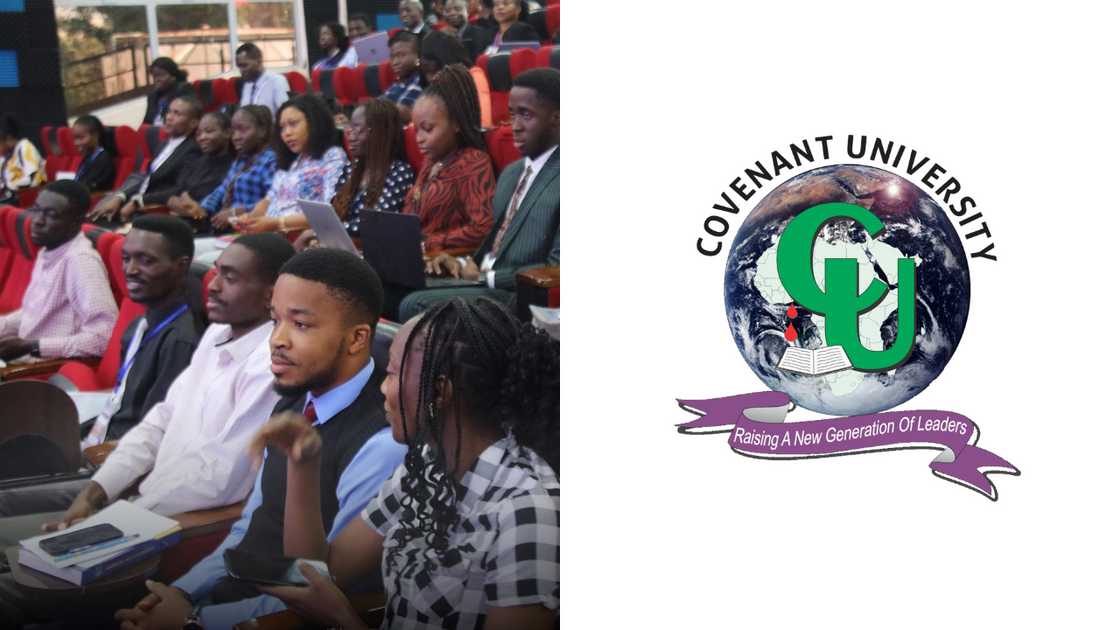 Covenant University students during a conference and the institution's logo Covenant University students during a conference and the institution's logo