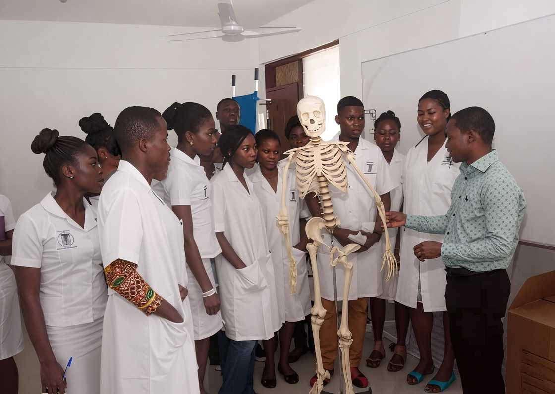 Nursing students studying the human anatomy Nursing students studying the human anatomy